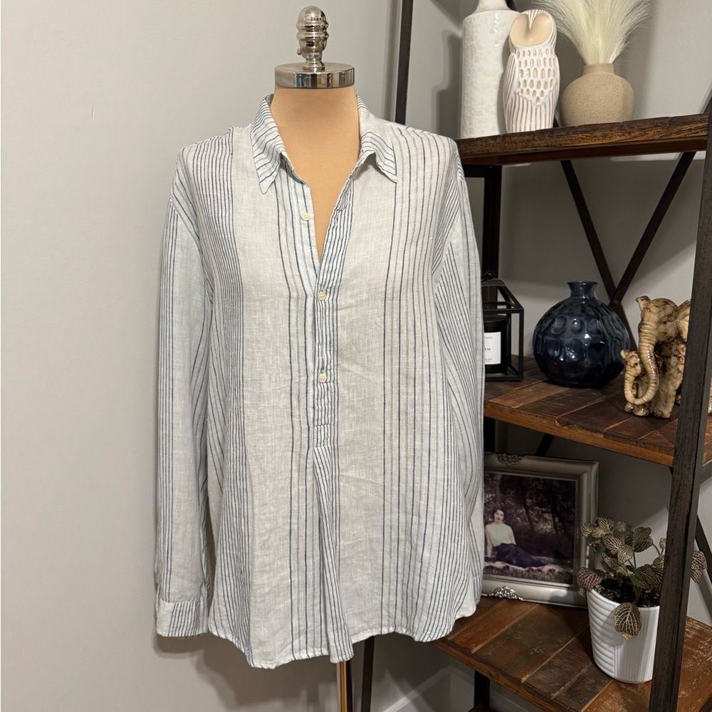 CP Shades 100% Linen Button Up Stripe Tunic Shirt L Lagenlook Coastal Beach Boho